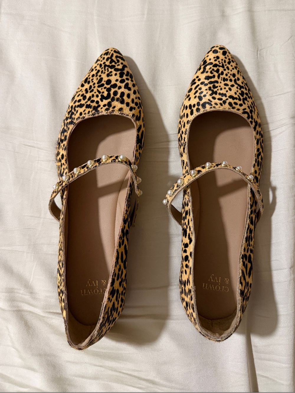 crown & ivy Leopard Print Pointed Mary Jane Flats in Tan and Black